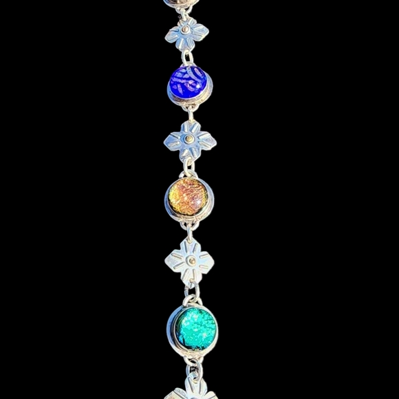 Signed Sterling Silver Dichroic Glass Toggle Bracelet Flowers Cabochon Vintage - Picture 4 of 7